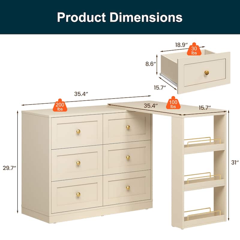 Extendable Makeup Vanity Desk with 6 Drawers