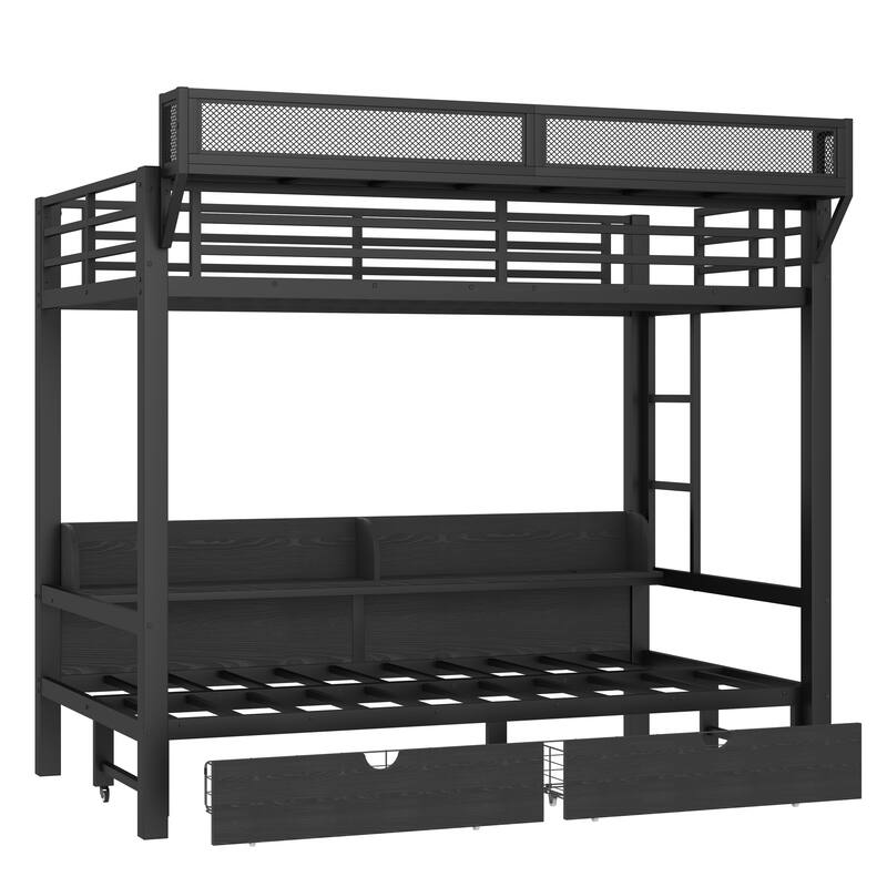 Multifunctional Twin XL over Twin XL Bunk Bed with USB Ports, LED Lights, Shelves and Drawers, Lower Bed Converted into Sofa