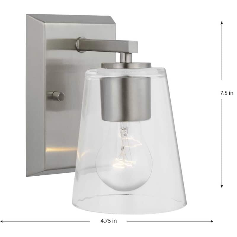 Vertex Collection One-Light Brushed Nickel Clear Glass Contemporary Bath Light - 4.75 in x 6.25 in x 7.5 in