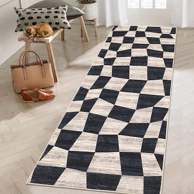 Modern Geometric Checkered Rug Washable Area Rug Low Pile Stain Resistant Throw Rug