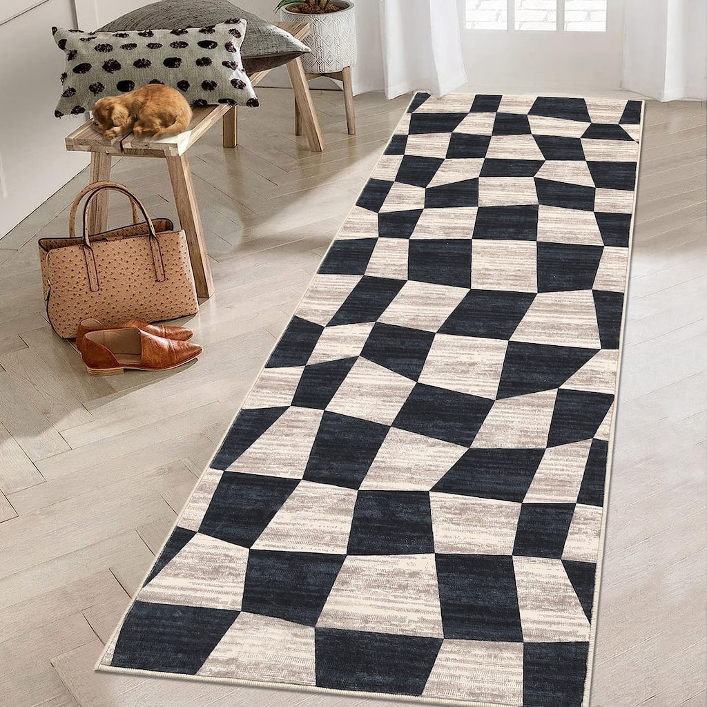 Modern Geometric Checkered Rug Washable Area Rug Low Pile Stain Resistant Throw Rug