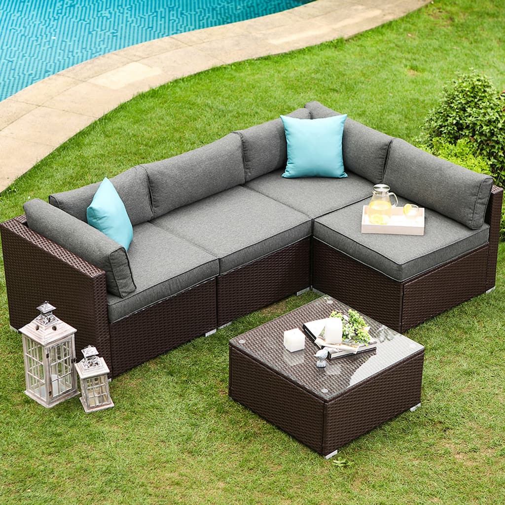 COSIEST 5-piece Espresso Wicker Sofa Patio Furniture Set with Pillows