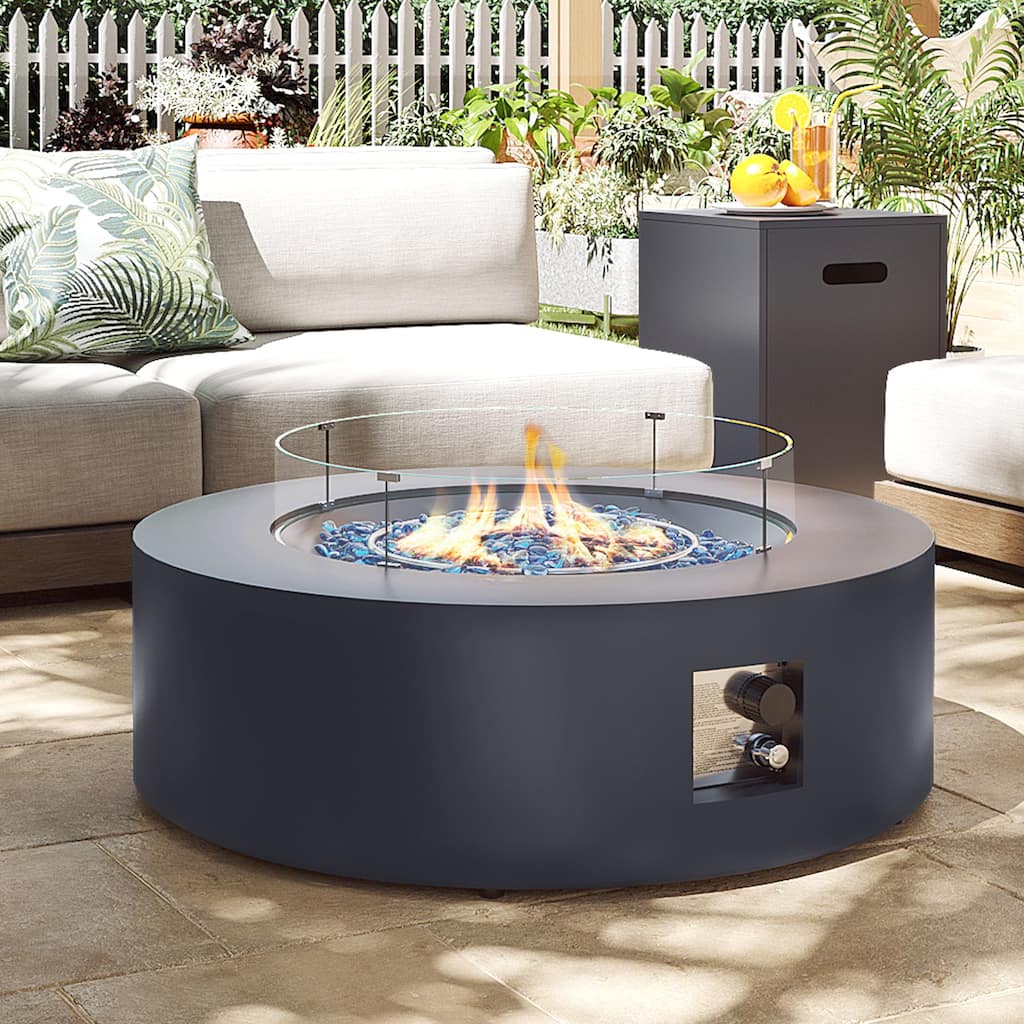 UPHA 40.5 Inch Outdoor Propane Fire Pit Table, 50,000 BTU Iron Round Gas Fire Pits with Tank Cover, Lid and Wind Guard