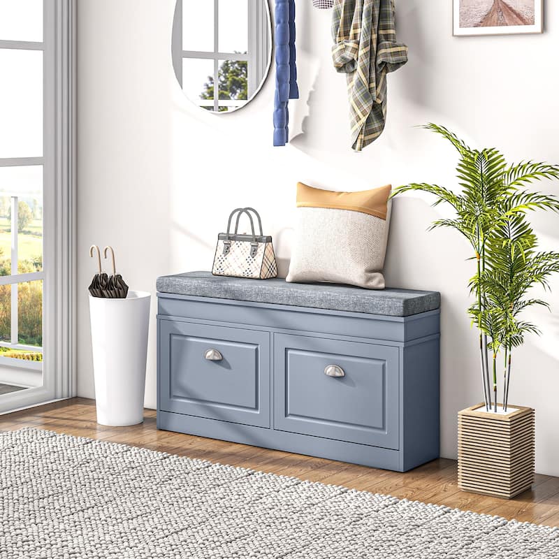 Modern Shoe Rack Bench with Two Large Drawers and Comfortable Padded Seat for Hallway Storage - 41" L x 9.5" W x 21.75" H - Grey