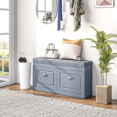 Modern Shoe Rack Bench with Two Large Drawers and Comfortable Padded Seat for Hallway Storage - 41" L x 9.5" W x 21.75" H