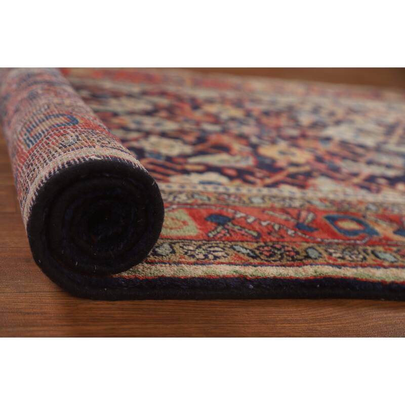 Hand Knotted Oriental 100% Wool Carpet Traditional Geometric Navy Blue & Blues Mahal Runner Rug - 10' 11'' X 3' 11''