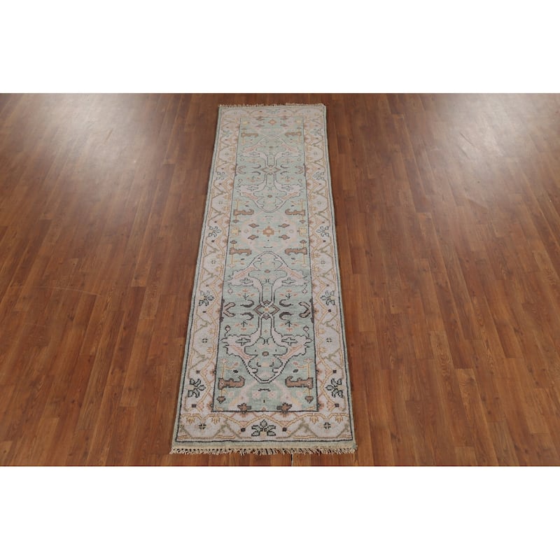Green Oushak Oriental Runner Rug Hand-Knotted Wool Carpet - 2'6"x 8'0"