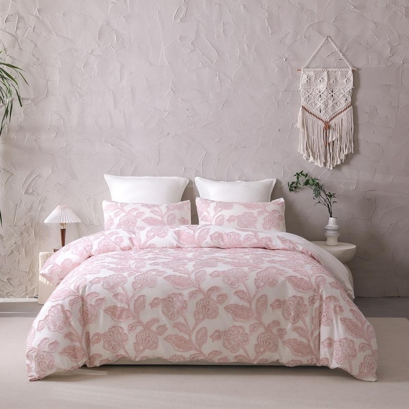 Cotton Clipped Jacquard Jacobean Floral Duvet Cover 3Pcs Set