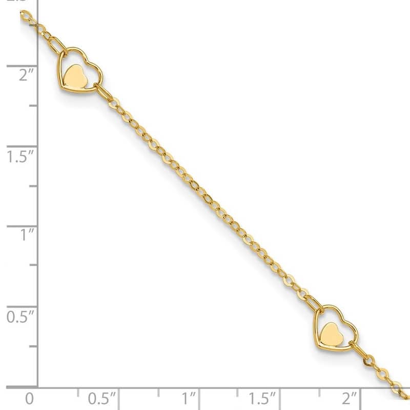 Curata 14k Yellow Gold 9+1" Polished Double Hearts Station Anklet (Lobster)