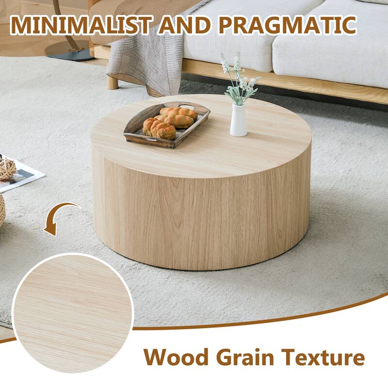 Cylindrical Coffee Table Accent Table, Round Sofa Table with Natural Wood Grain Texture for Living Room