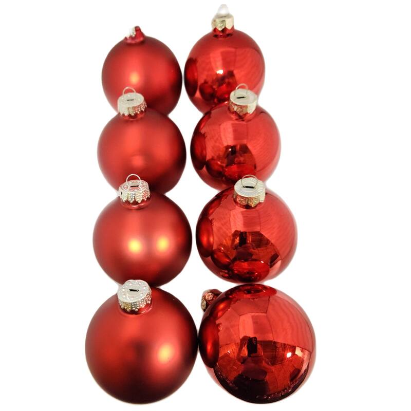 2-Finish Glass Christmas Ball Ornaments - 3.25" (80mm) - Red - 8ct