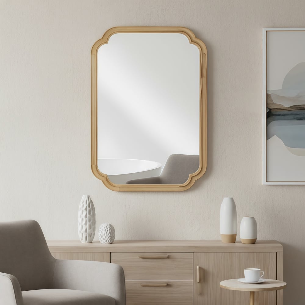 Rounded Corner Solid Wood Frame Decorative Mirror Modern Farmhouse Wall Mirror For Bedroom Bathroom Living Room Entryway
