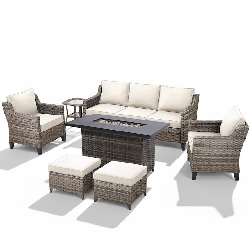 Glissia 7-Piece Gray Wicker Fire Pit Conversation Set with height-adjustable fire pit
