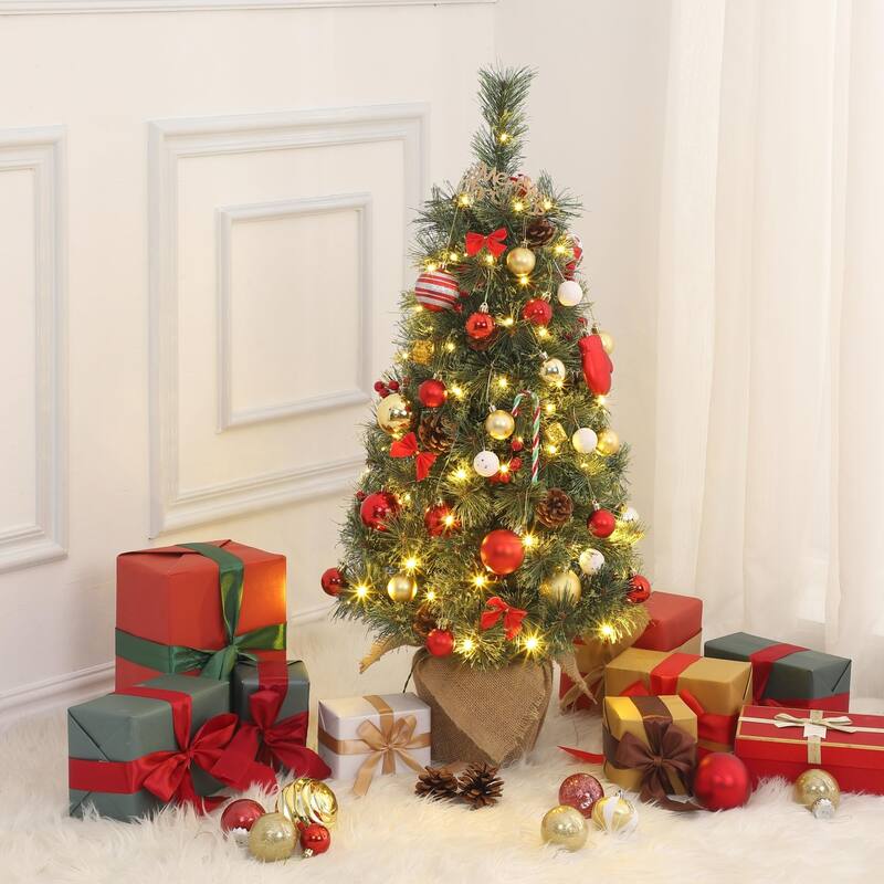 2/ 3ft Snow Flocked Artificial Tabletop Christmas Tree with LED Lights with Burlap Base