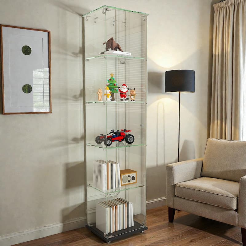 4-Tier Tempered Glass Display Case with 5 Dynamic LED Modes, Single Door Bookshelf Cabinet for Collectibles Home Office Decor