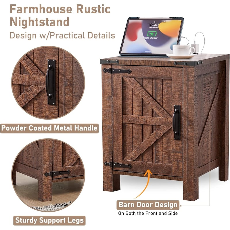 Farmhouse Nightstand Set of 2 with Charging Station, Rustic End Table