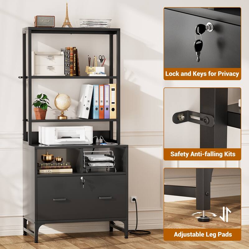 61''H Office File Cabinet with Locked Drawers and Hutch, Sideboard with USB Station and Hutch