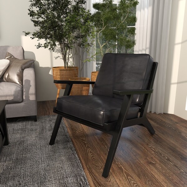 Black Leather Mid-Century Accent Chair with Teak Wood Frame - Bed