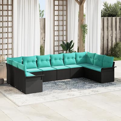 vidaXL 11 Garden Sofa Set with Cushions Black Poly Rattan - 135.4 x 73.8 x 27.2