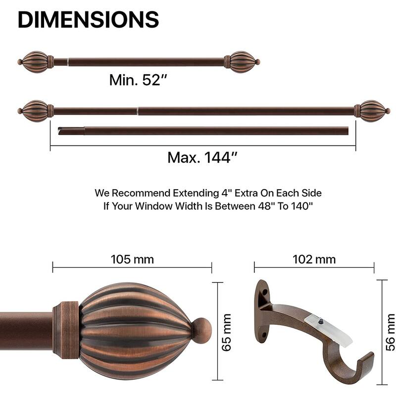 Deco Window 1 Inch Adjustable Antique Copper Curtain Rod for Windows & Door with Kamrak Finials & Brackets Set
