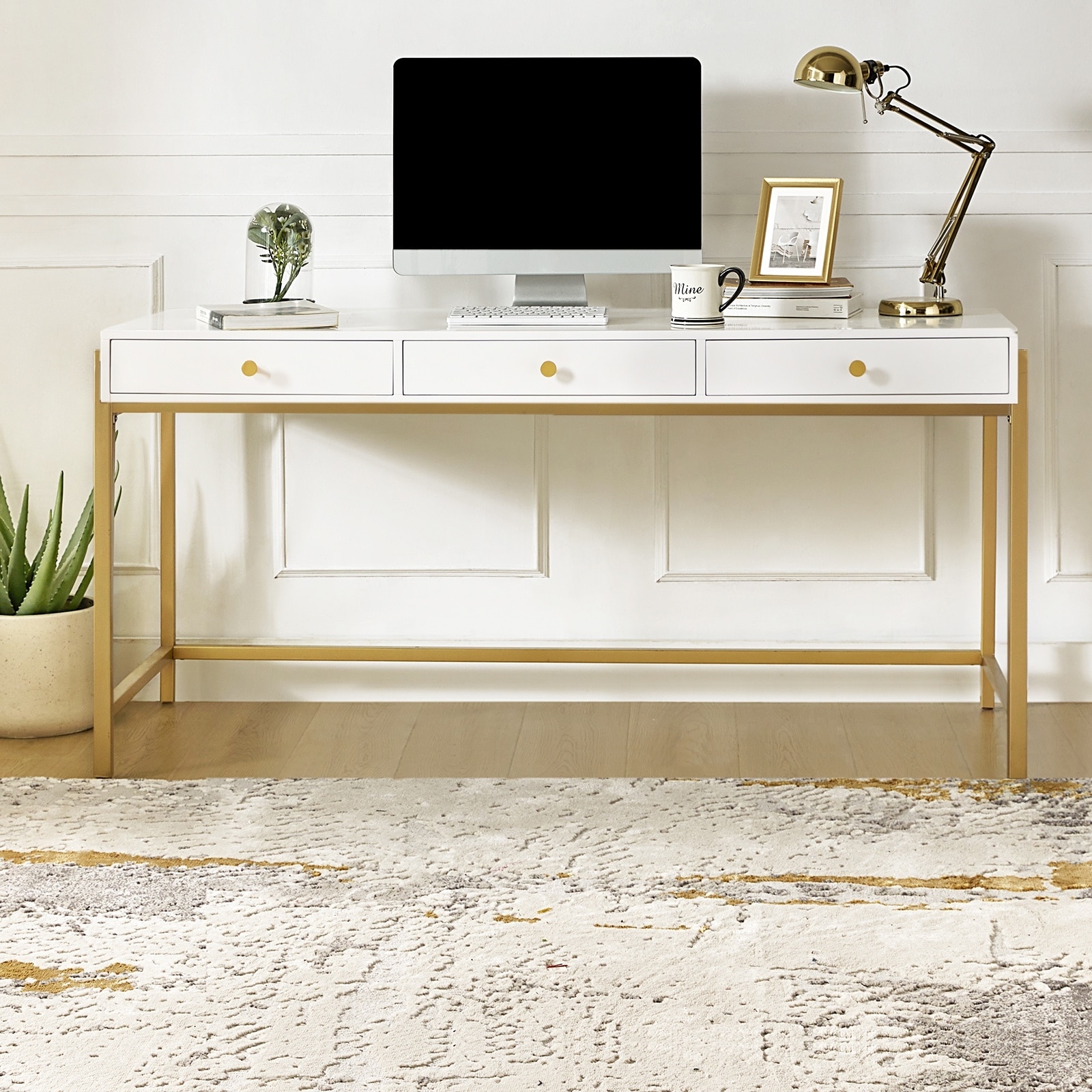 HULALA HOME Saliva Modern Multifunctional 64'' Wide Stroge 3-Drawers Writing Office Desk with Metal Legs