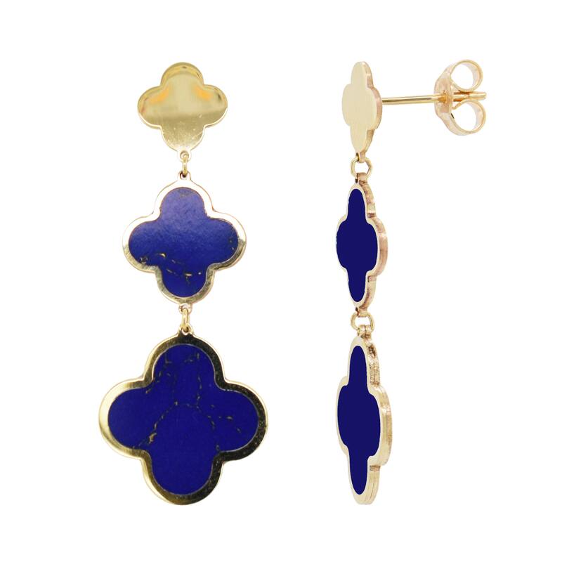 Italian Gold 14K Yellow Gold Dangle Clover Earrings 1.50 Inch Drop - Made in Italy 2.60 gms - Lapis