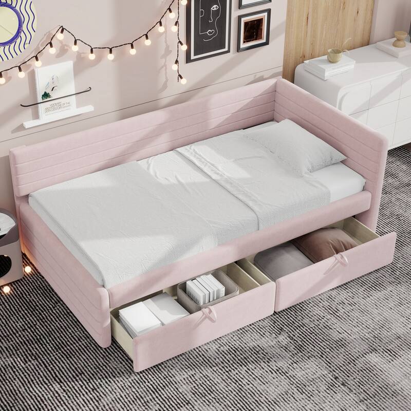 Twin Size Upholstered Daybed with Roll-Out Trundle, Space-Saving Wooden Frame, No Box Spring Needed