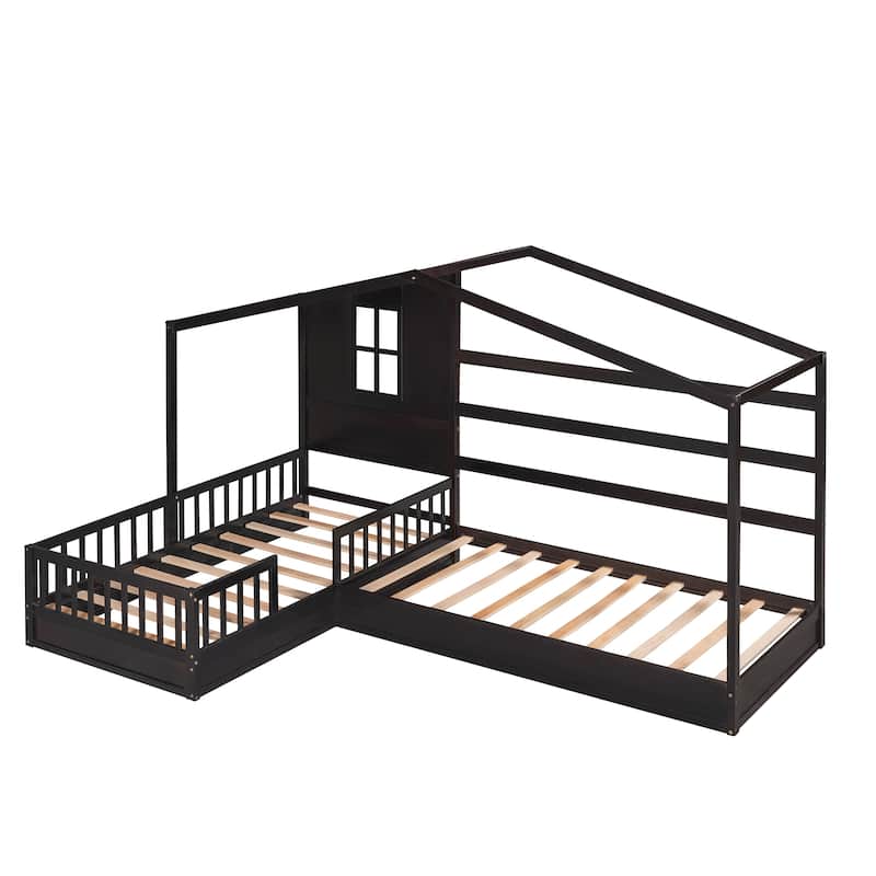 Wood House Bed, 2 Twin Solid Bed L Structure with Fence and Slatted Frame