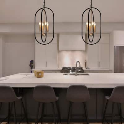 Modern Farmhouse 4-Light Black Gold Chandelier Metal Pendant Light for Dining Room - 14.5" L x 11" W x 29.5" H