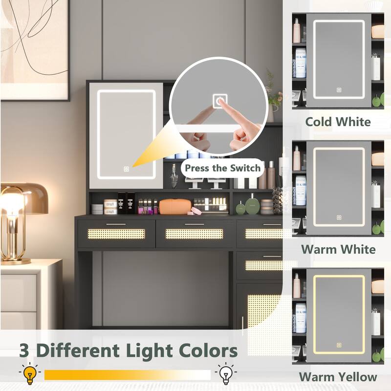Makeup Vanity with Lights in 3 Colors,Openable Mirror,Vanity Desk with 4 Drawers,1 Cabinet,Shelves, Rattan Vanity Dresser