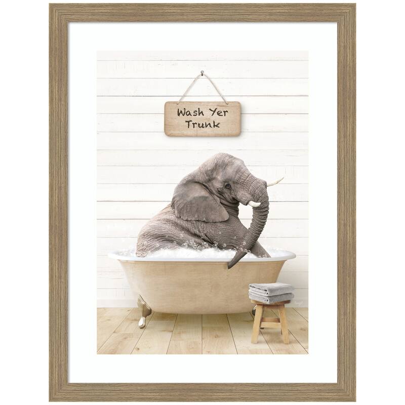 Kate and Laurel Young Elephant in Modern Bathtub Wash Your Trunk by Amy Peterson Framed Wall Art Print - 20 x 26 - Brown