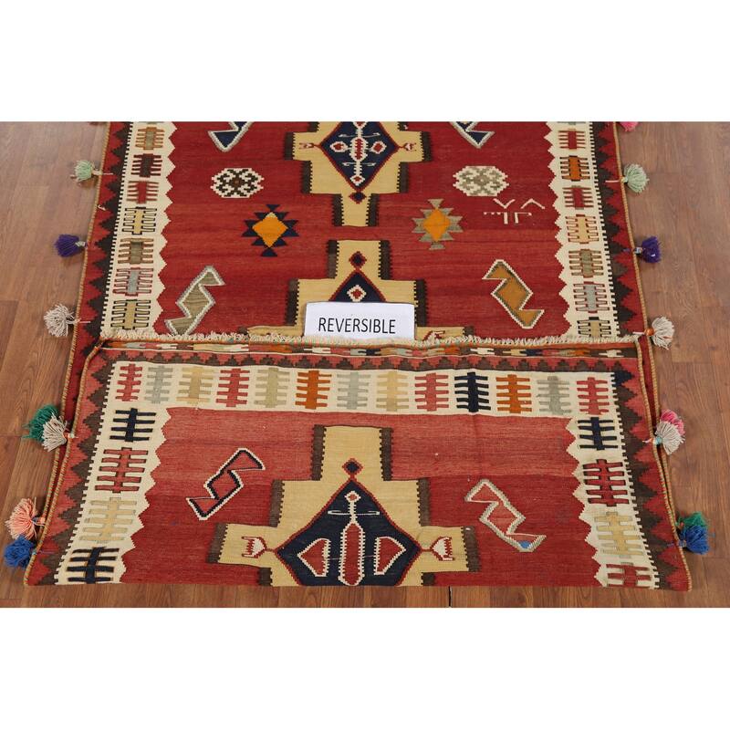 Red Kilim Qashqai Persian Vintage Rug Hand-Knotted Wool Carpet - 4'3"x 7'2"