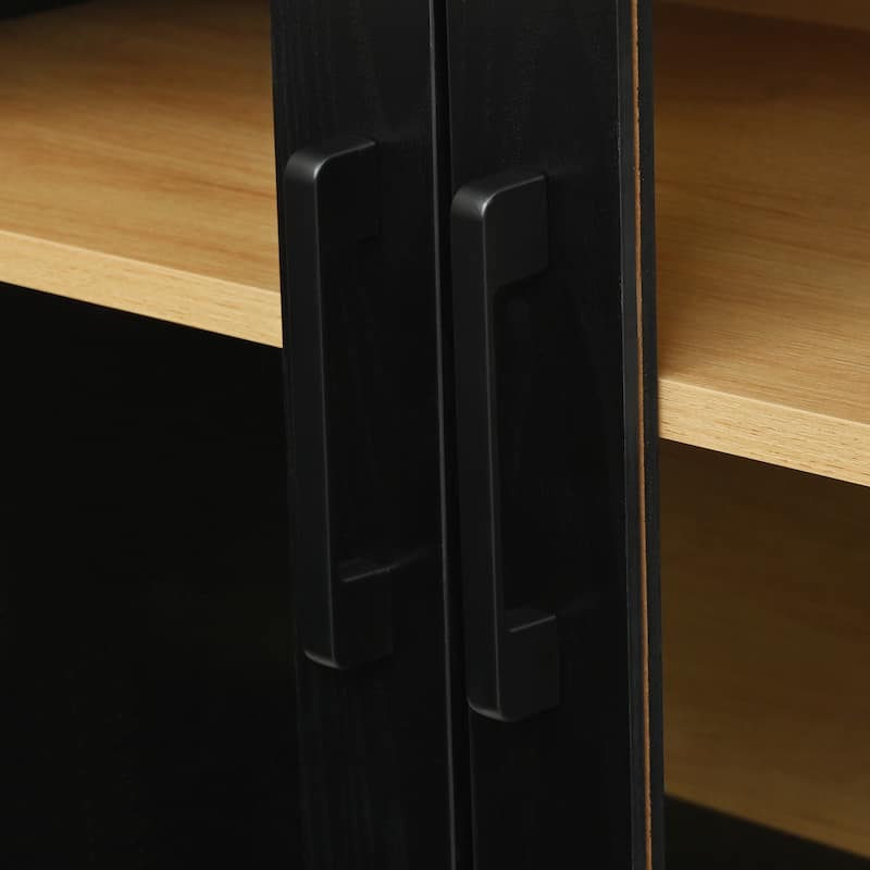 Farmhouse TV Stand with Semi-Arched Glass Doors for TVs Up to 70",Adjustable Shelves,Wood Grain Sideboard with Cable Management