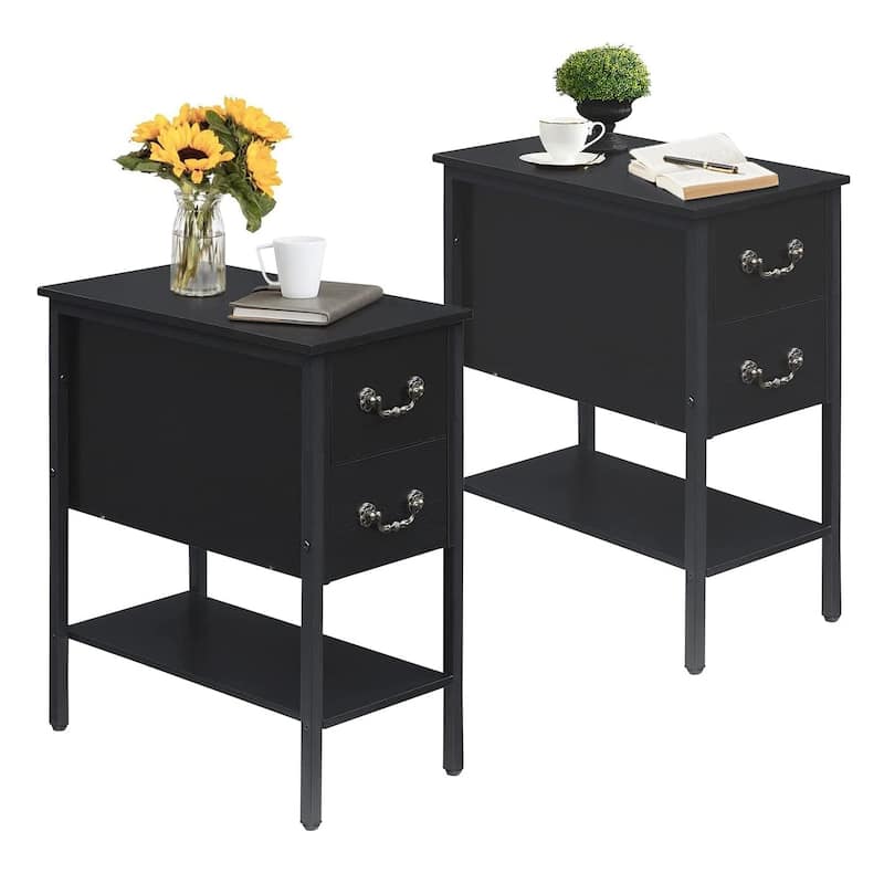 Industrial 2-Drawer Nightstand Narrow End Side Table (Set of 2) - Black