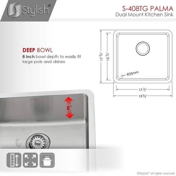 STYLISH 21 inch Stainless Steel 16G Dual Mount Kitchen Sink Handmade - 20.5" x 18" x 9"