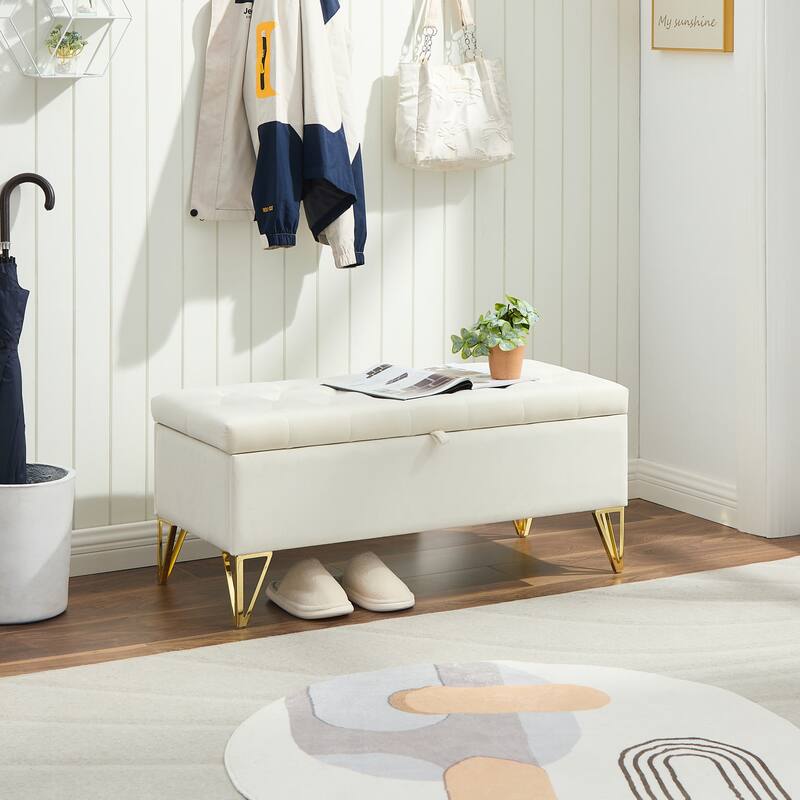 Upholstered storage rectangular bench, Light beige Velvet Fabric in gold stainless steel leg