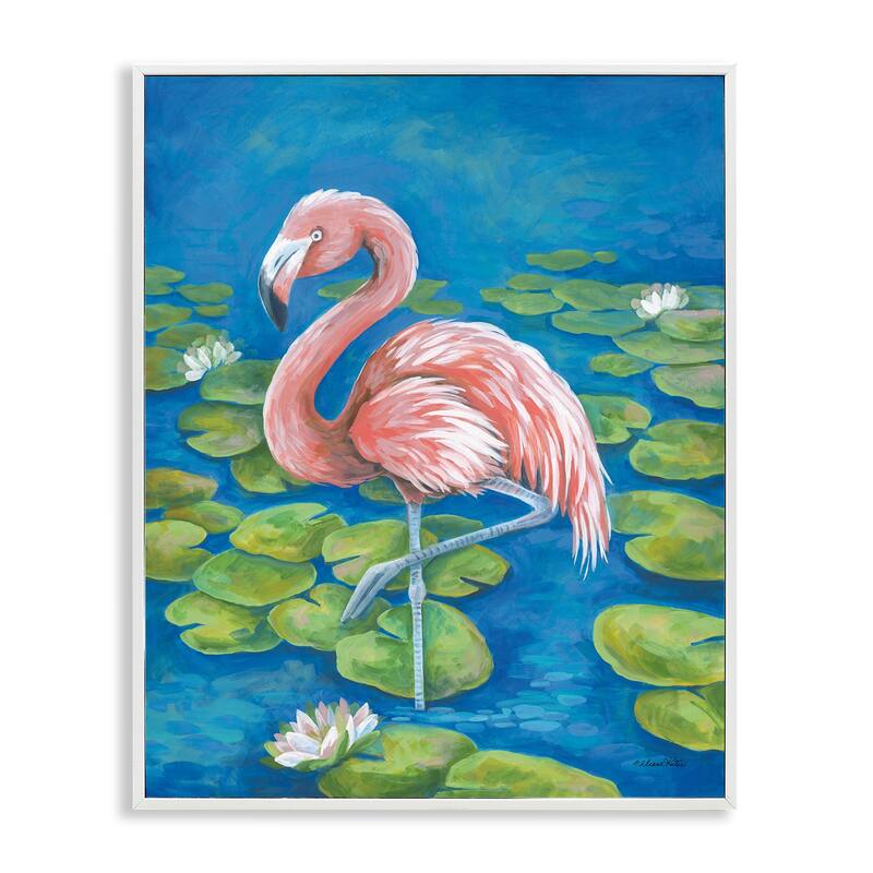 Stupell Balancing Flamingo & Lily Pads Framed Giclee Art Design By Diane Kater - 11 x 14 - White