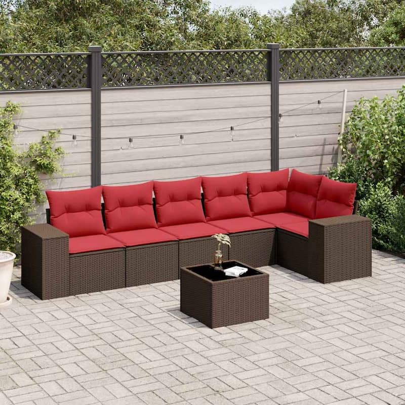 vidaXL Patio Sofa Set with Cushions Outdoor Conversation Furniture Poly Rattan - 24.4 x 24.4 x 27.2 - Brown-With table
