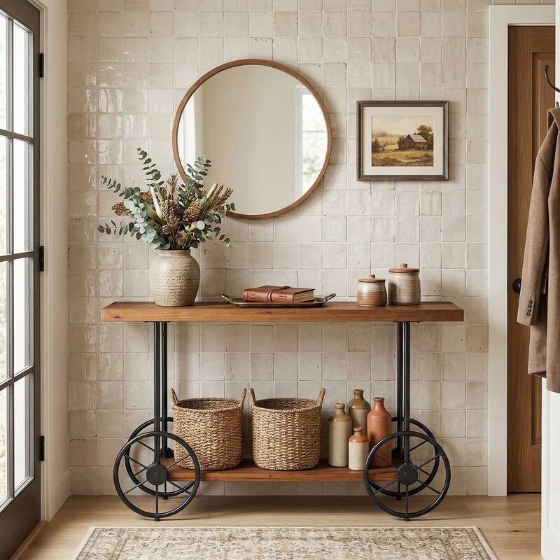 2-tier Solid Wood Console Sofa Table with Storage Shelves