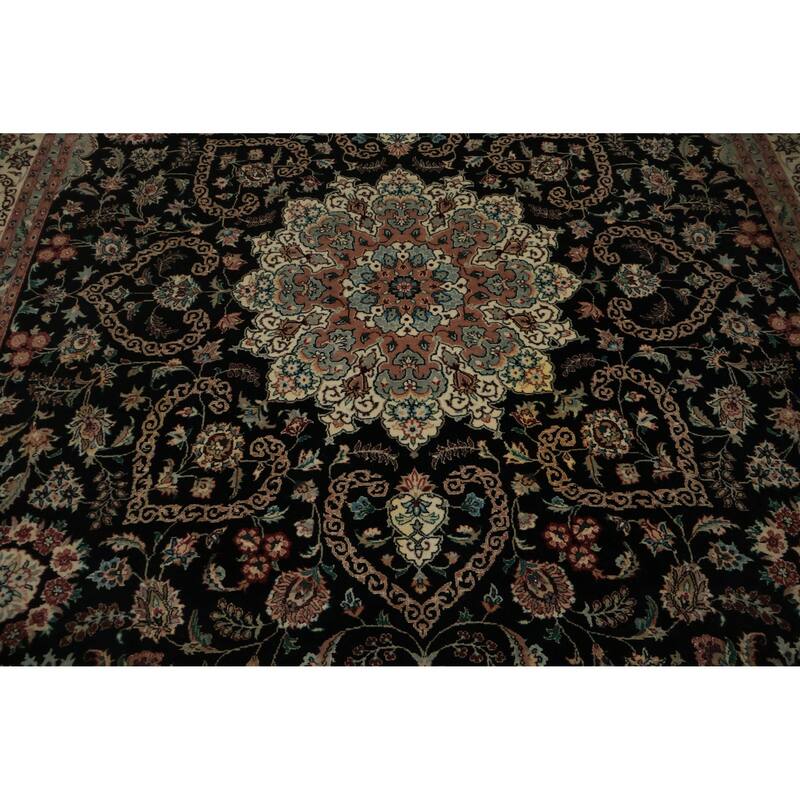 Hand Knotted Oriental 100% Wool Carpet Traditional Floral Black Tabriz Area Rug - 10' 5'' X 7' 10''