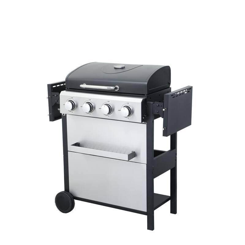 4-Burner Propane Gas BBQ Grill with Wire Enamel Cooking Grids and Foldable Side Table, Hanging Basket, Stainless Steel