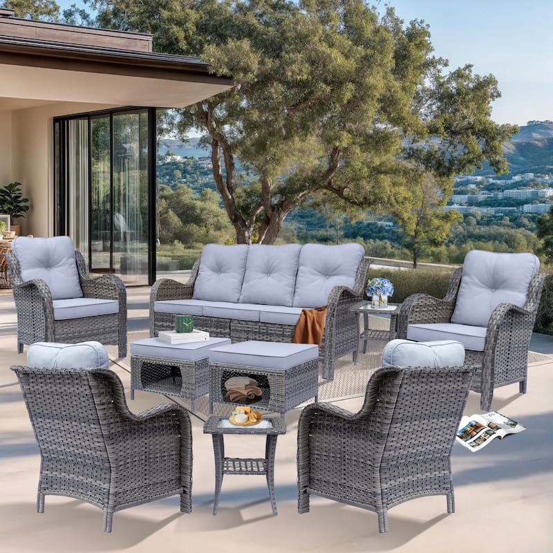 9 Piece Outdoor Patio Conversation Wicker Furniture Sofa Seating Sets - Grey-Gray Rattan