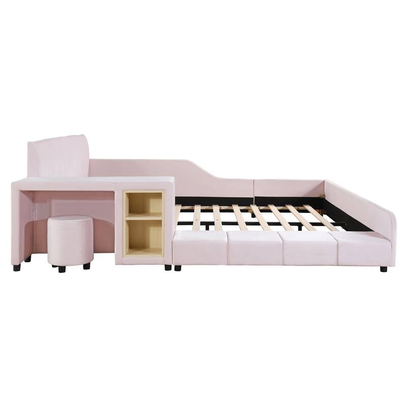 Queen Size Upholstered Grounded Bed, Mother & Child Bed with Bedside Desk and Little Round Stool, Velvet