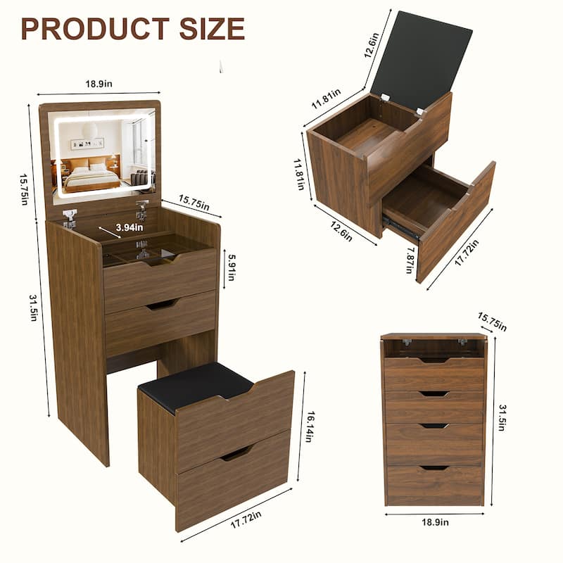 3-in-1 Vanity Desk with Lighted Mirror, Small Flip Top Dressing Table Set, Makeup Table with Visible Glass Top, Drawers & Stool