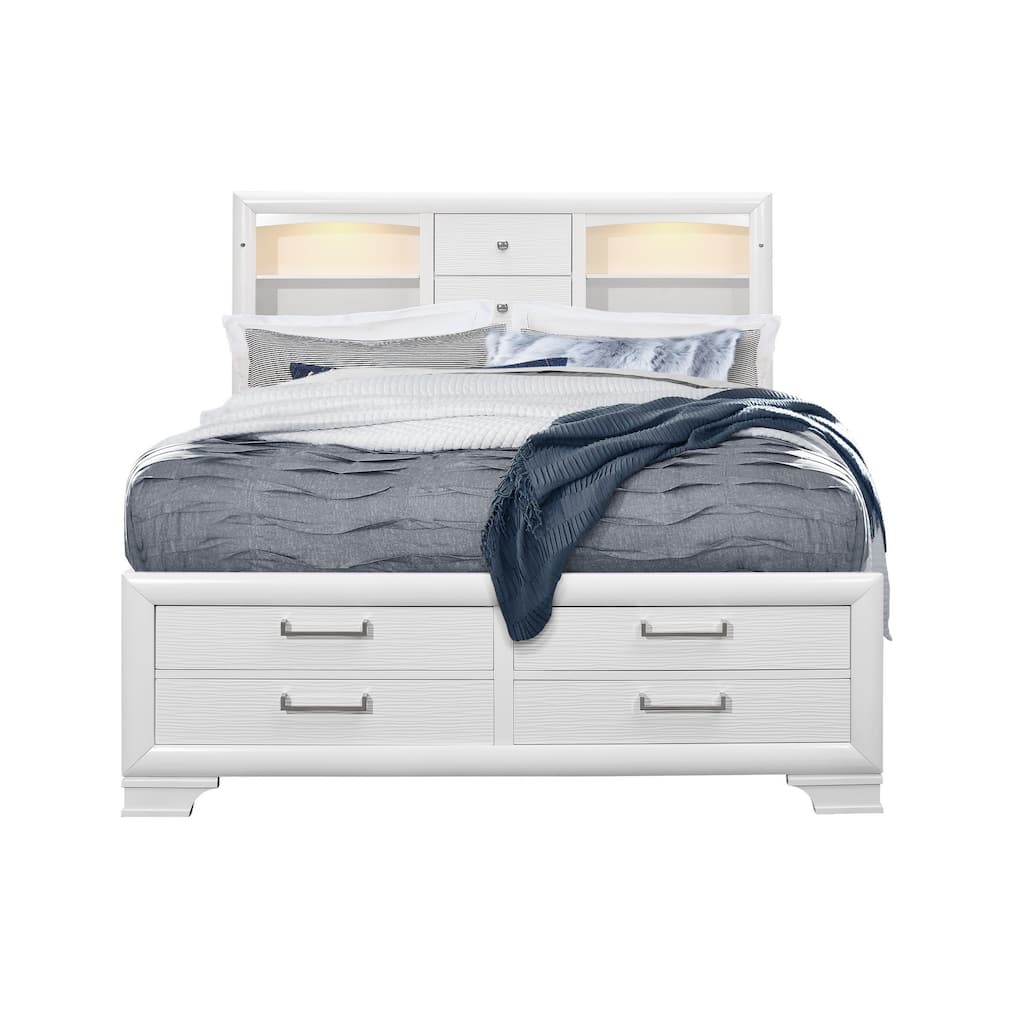 HomeRoots White Solid Wood Full Eight Drawers Bed