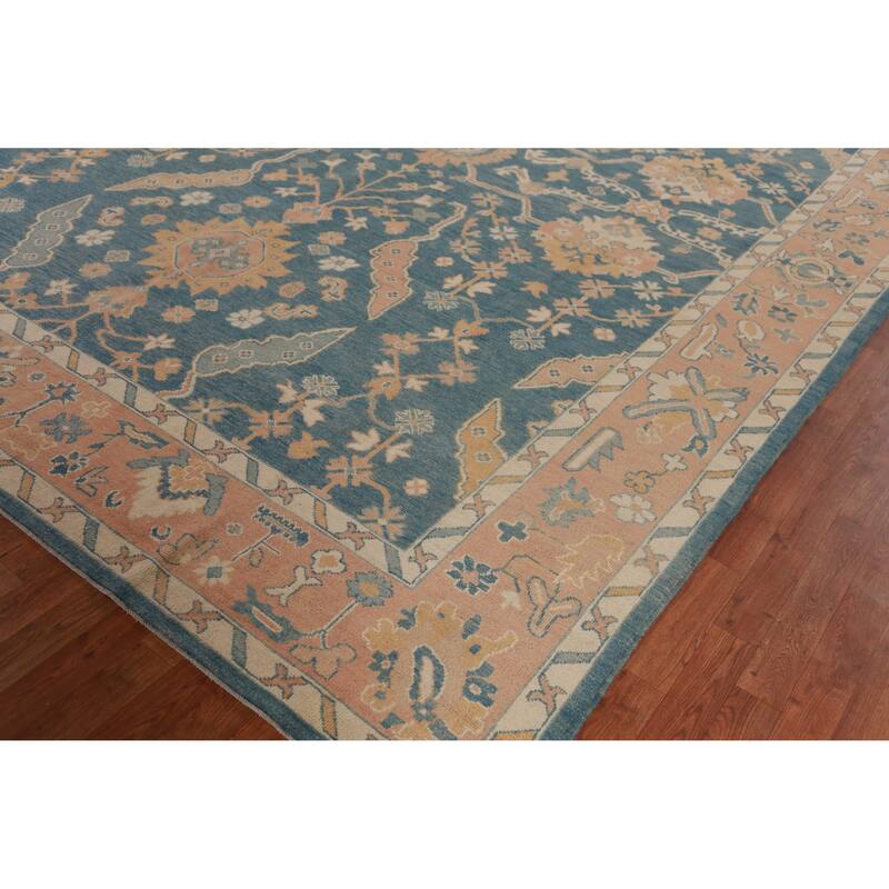 Hand Knotted Oriental 100% Wool Carpet Transitional All-Over Navy Blue & Blues Oushak Area Rug - 13' 10'' X 10' 1''
