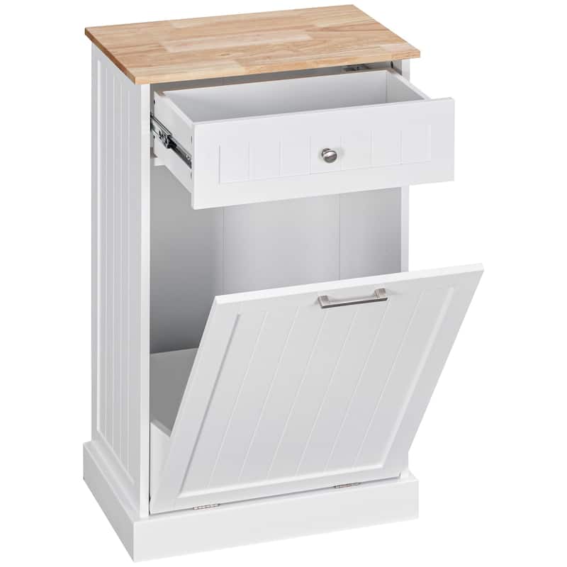 Kitchen Tilt Out Trash Bin Cabinet Free Standing Recycling Cabinet Trash Can Holder With Drawer, White - White