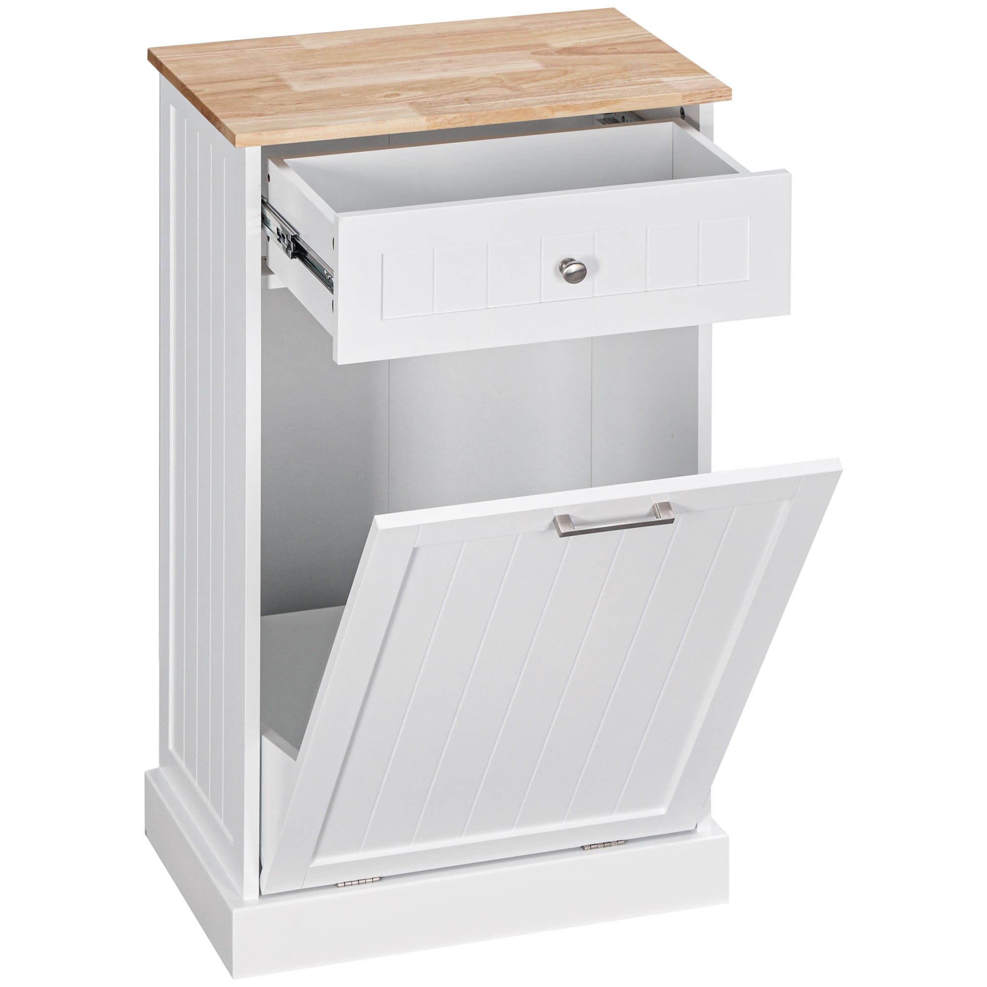 Kitchen Tilt Out Trash Bin Cabinet Free Standing Recycling Cabinet Trash Can Holder With Drawer, White