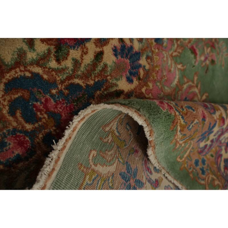 Hand Knotted Oriental 100% Wool Carpet Traditional Floral Green Kerman Area Rug - 11' 9'' X 8' 6''