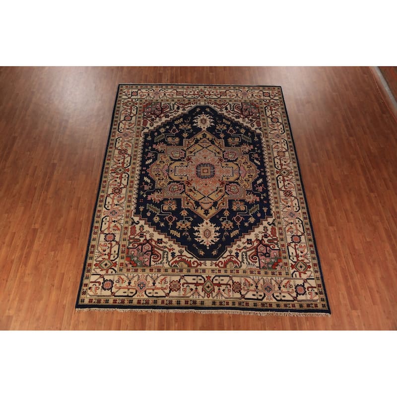 Blue Geometric Heriz Serapi Indian Area Rug Handmade Wool Carpet - 8'9"x 11'11"